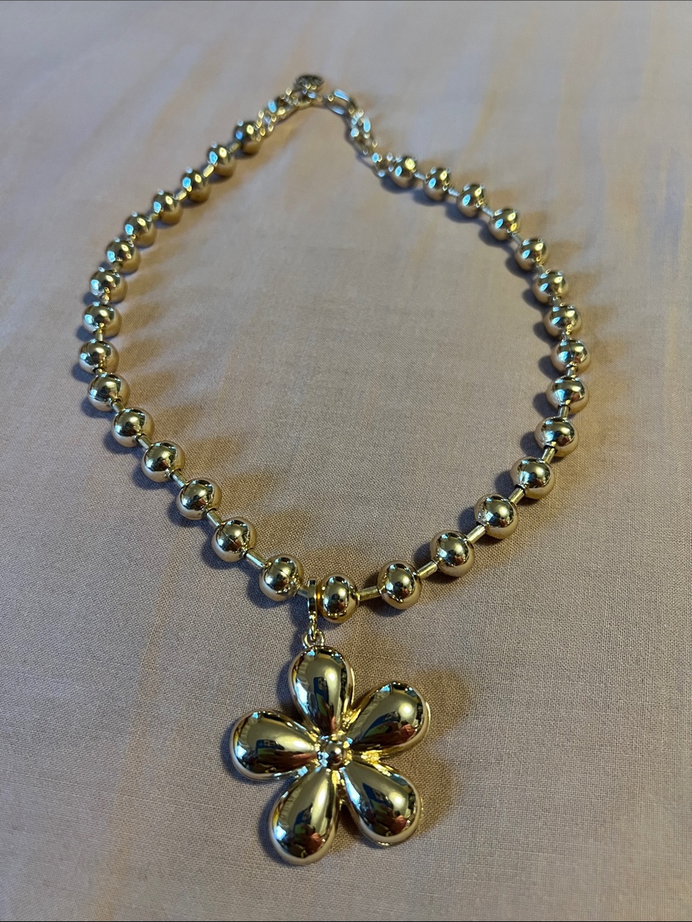 Gold Bead Necklace with Flower Pendant - Women's Jewelry